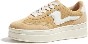 LUCKY STEP Women's Platform Fashion Sneakers Thick Sole Suede Genuine Leather Classic Rubber Gum Sole Low Top Casual Walking Shoes