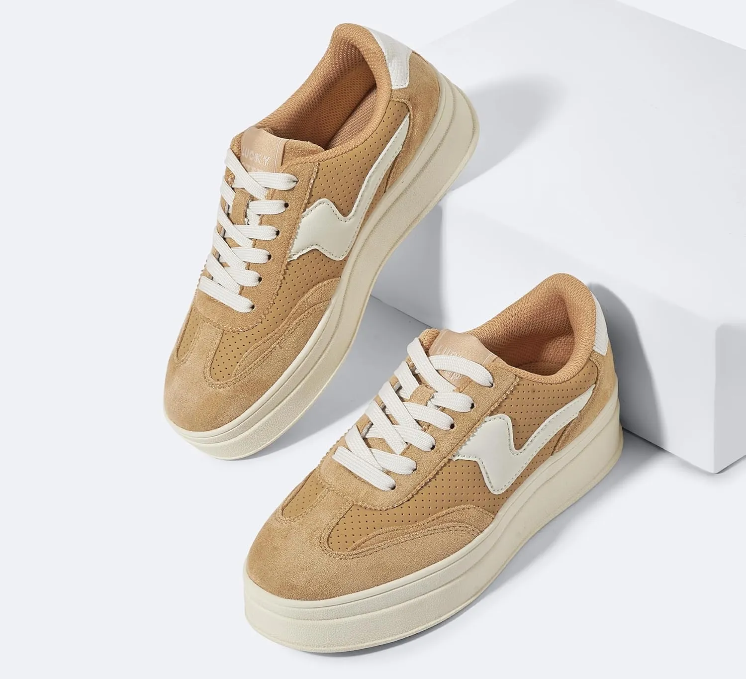 LUCKY STEP Women's Platform Fashion Sneakers Thick Sole Suede Genuine Leather Classic Rubber Gum Sole Low Top Casual Walking Shoes
