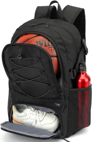 Lyweem Basketball Backpack Soccer Bag Adult with Ball Holder, Laptop & Shoe Compartment, 35L Large Gym Sports Backpack for Men Women Training Equipment Bags for Athletic Football Volleyball, Black