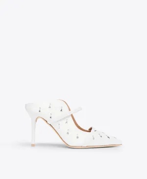 Maureen 85 White Embellished Satin Heeled Mules