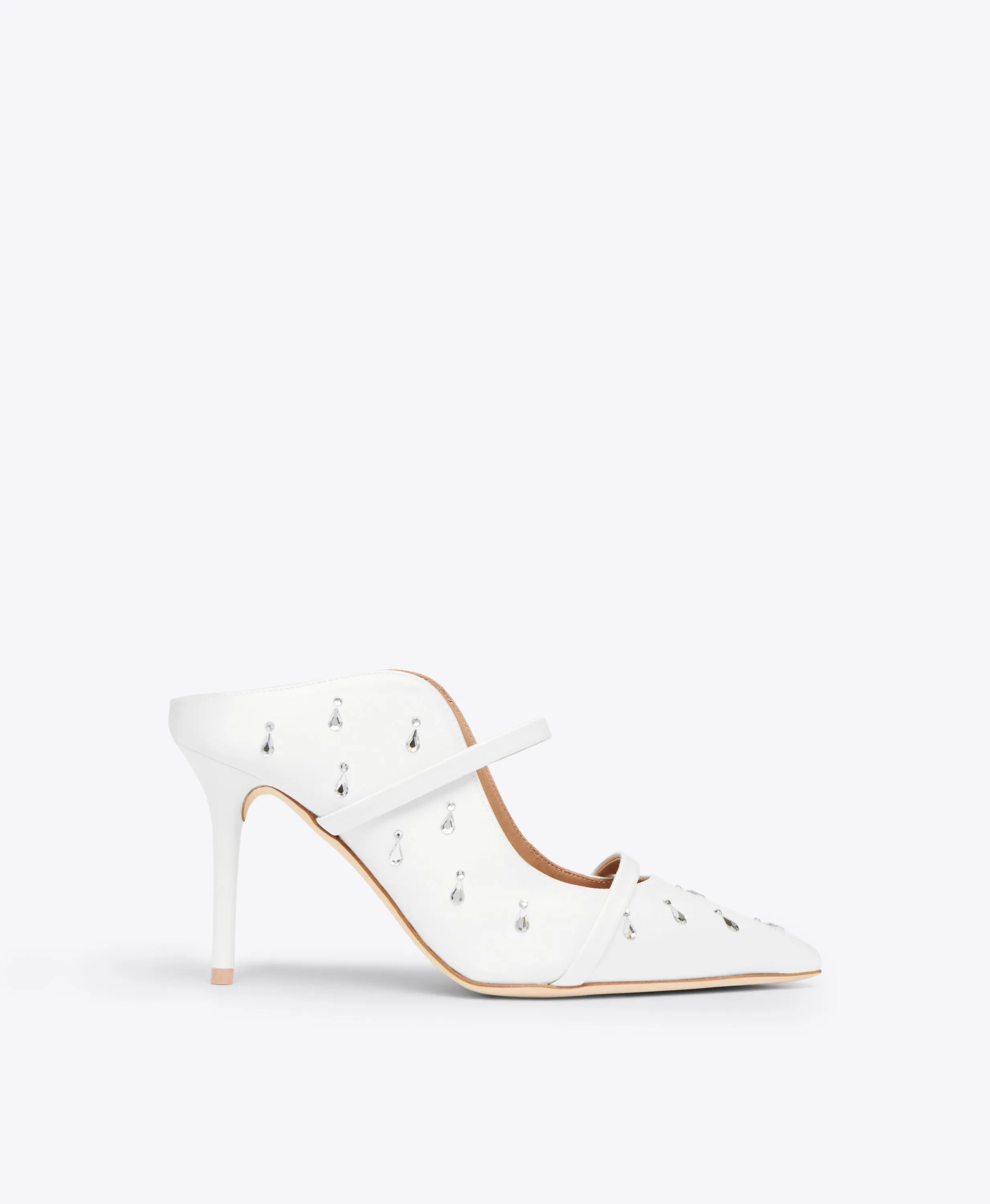 Maureen 85 White Embellished Satin Heeled Mules