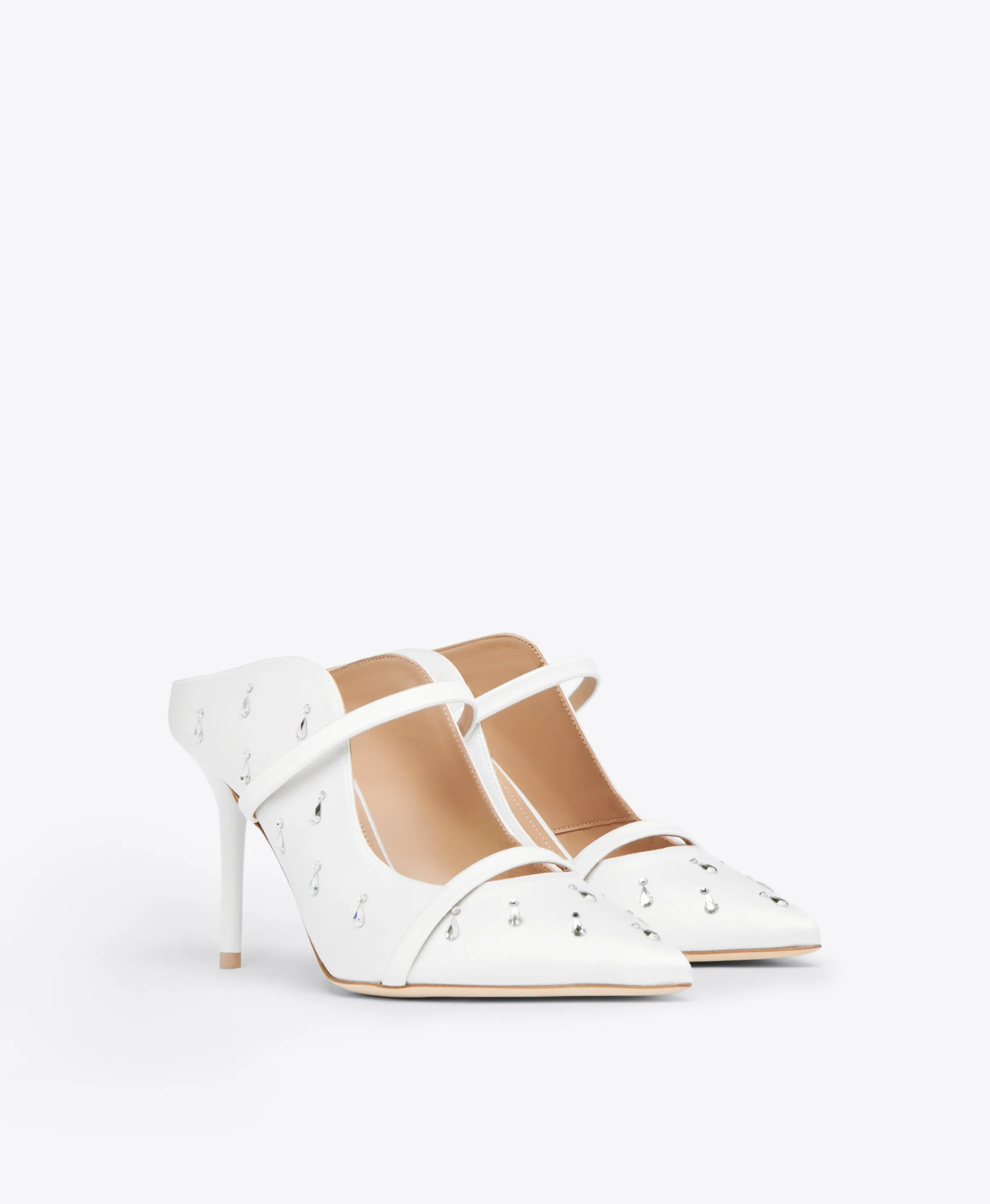 Maureen 85 White Embellished Satin Heeled Mules
