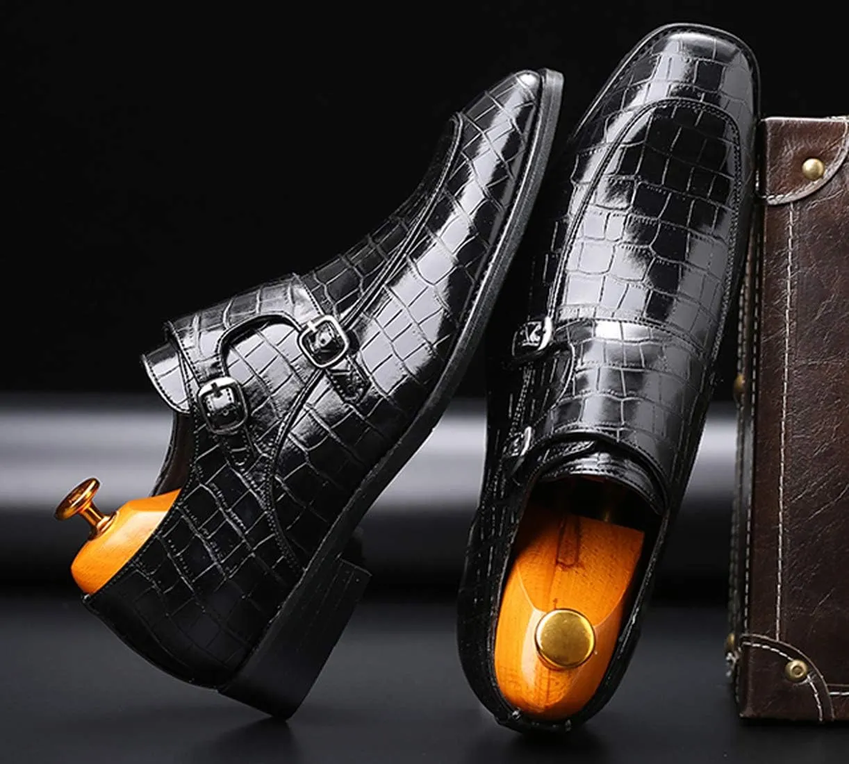 Mens Double Monk Strap Slip on Loafer Leather Formal Business Casual Comfortable Dress Shoes for Men