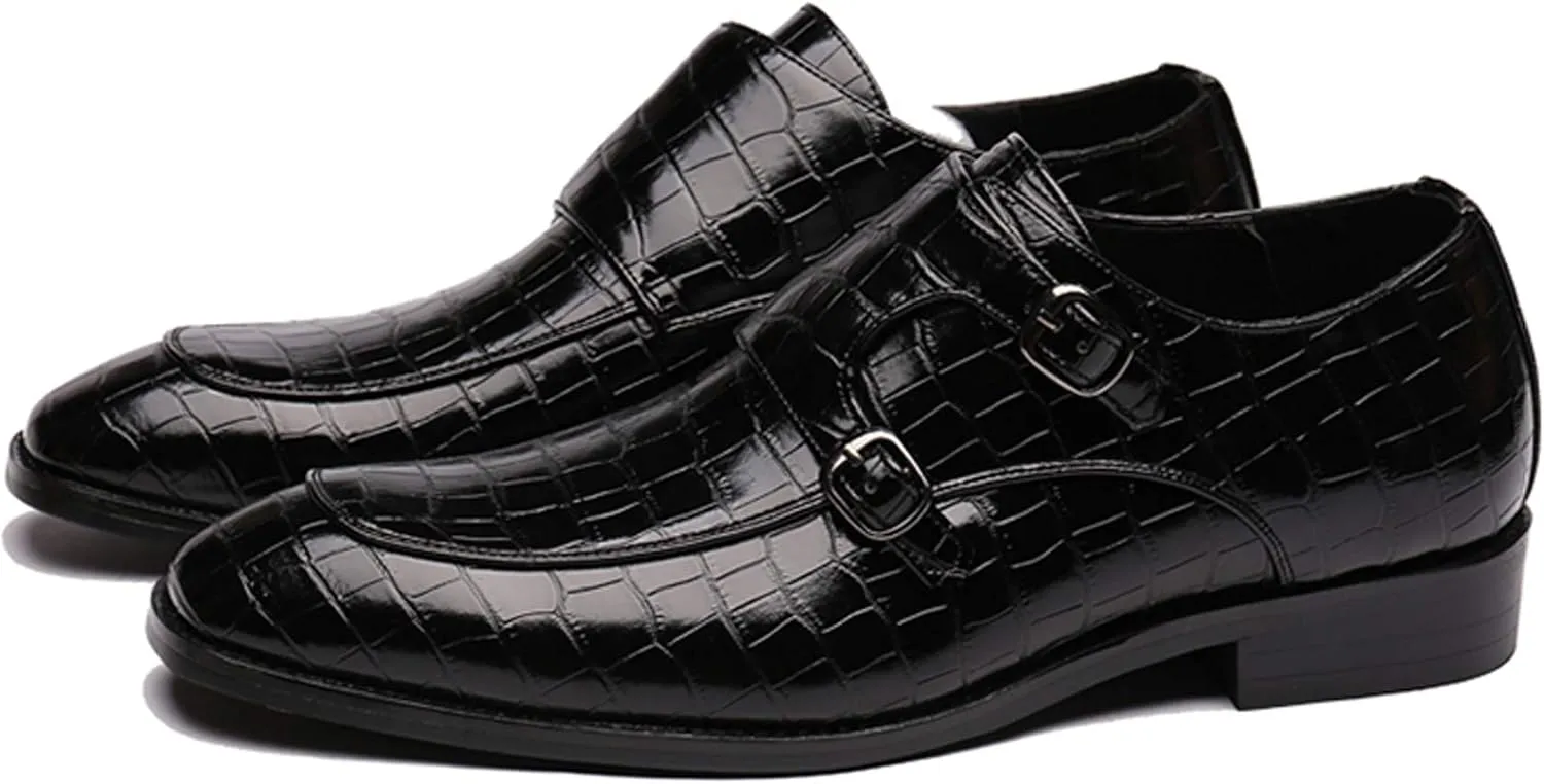 Mens Double Monk Strap Slip on Loafer Leather Formal Business Casual Comfortable Dress Shoes for Men