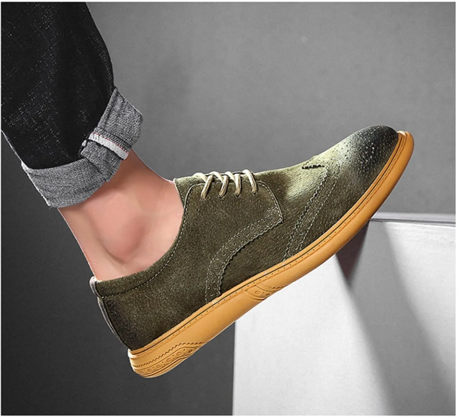 Men's Dress Oxford Shoes Classic Lace Up Retro Suede Leather Round Toe Chunky Heels Low-Top Casual British Business Breathable Brock Formal Shoe