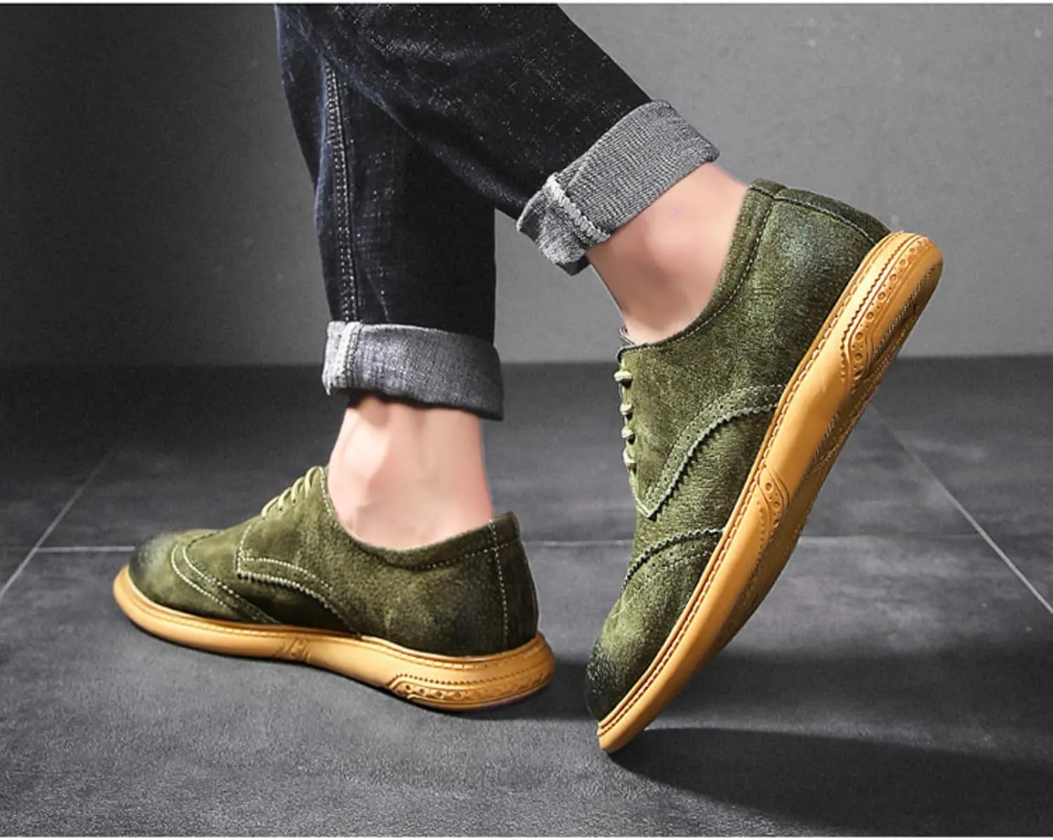 Men's Dress Oxford Shoes Classic Lace Up Retro Suede Leather Round Toe Chunky Heels Low-Top Casual British Business Breathable Brock Formal Shoe