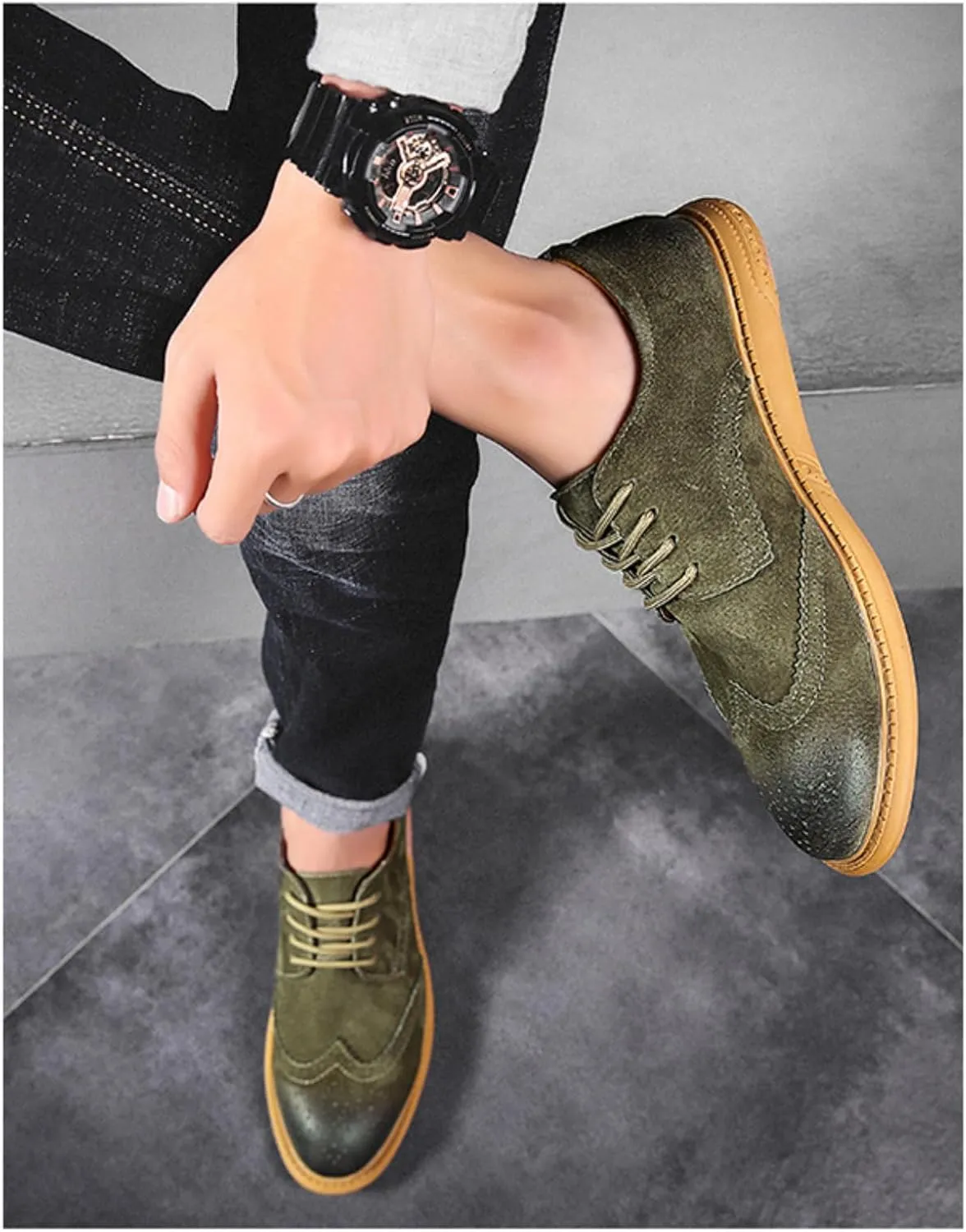 Men's Dress Oxford Shoes Classic Lace Up Retro Suede Leather Round Toe Chunky Heels Low-Top Casual British Business Breathable Brock Formal Shoe