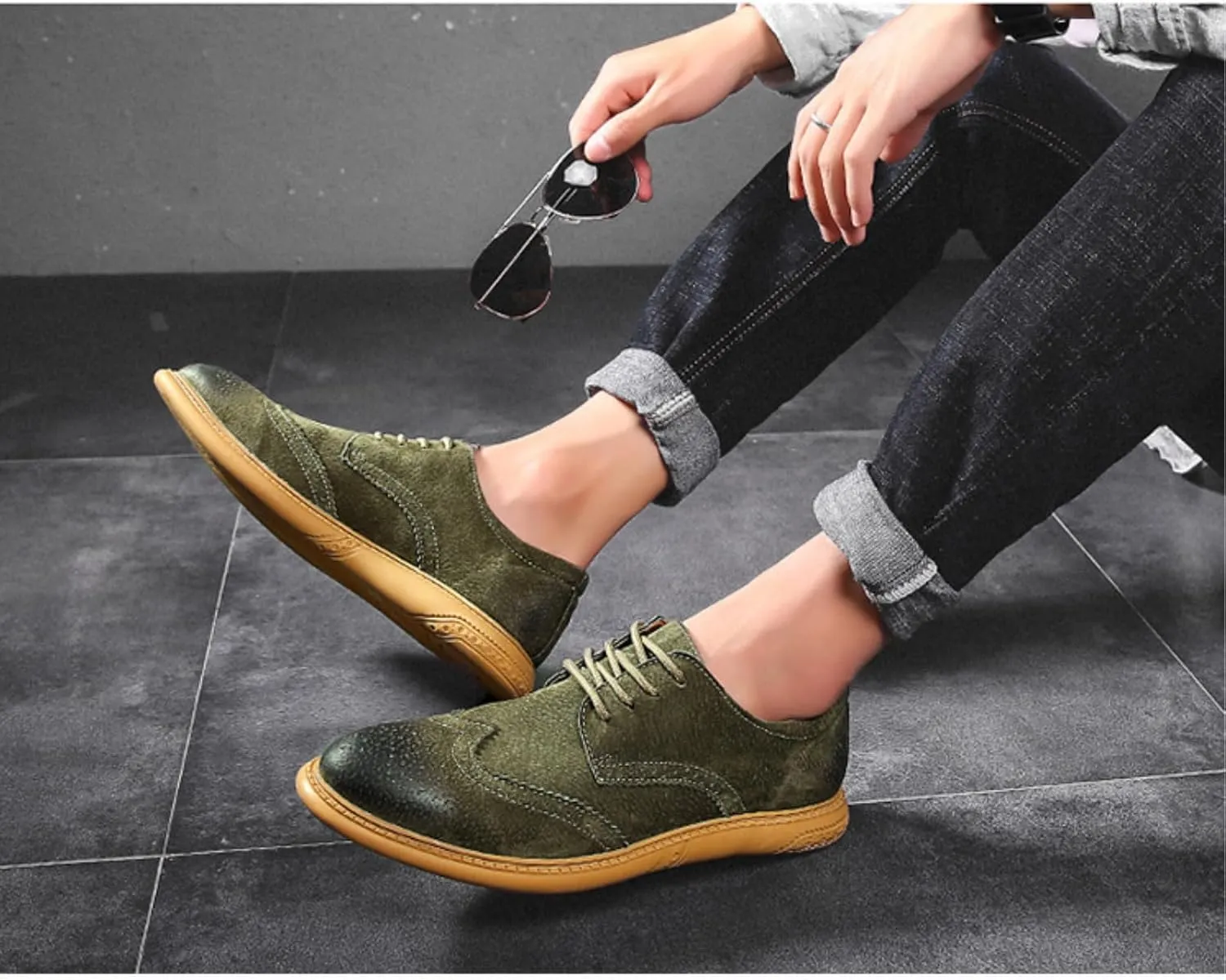 Men's Dress Oxford Shoes Classic Lace Up Retro Suede Leather Round Toe Chunky Heels Low-Top Casual British Business Breathable Brock Formal Shoe