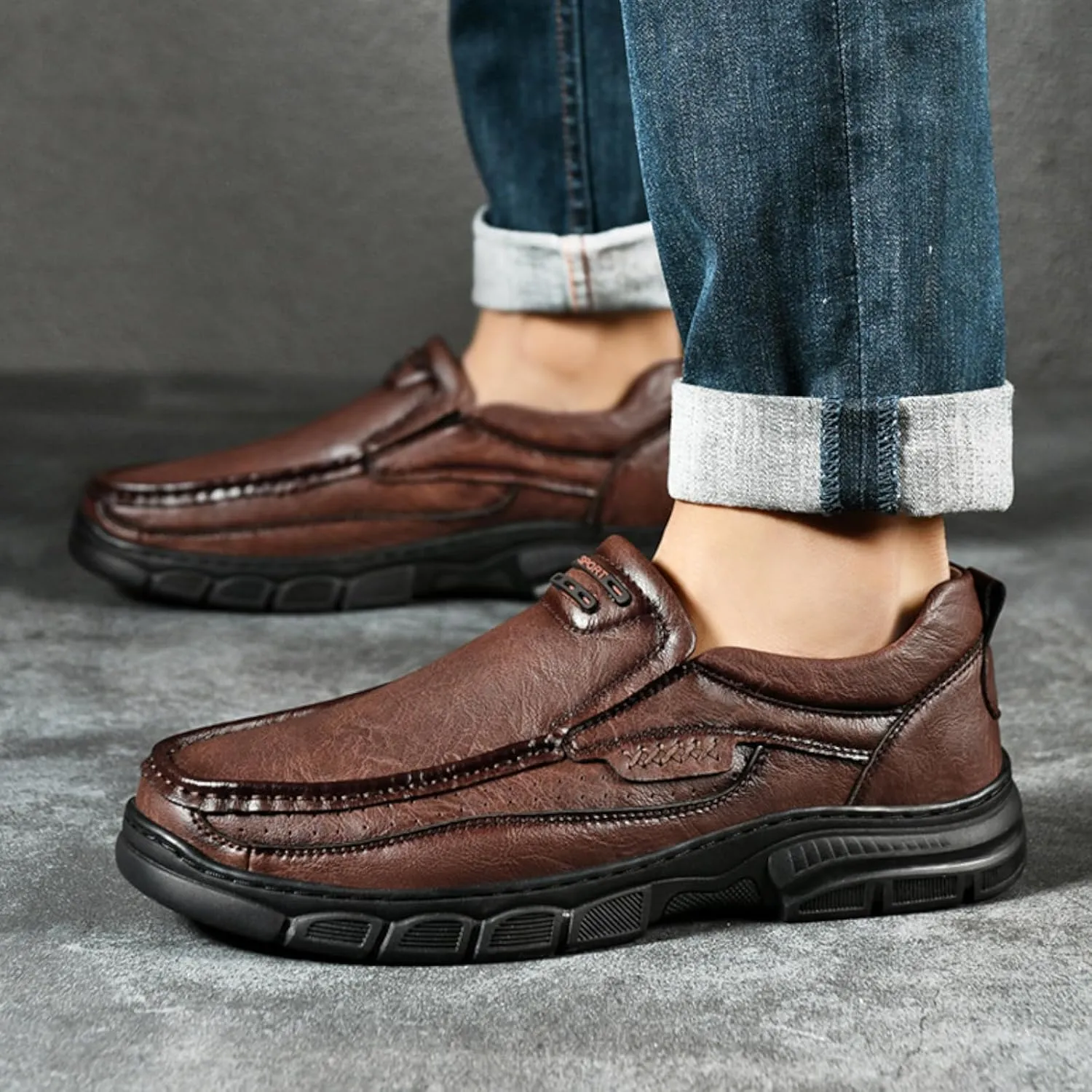 Men's Fashion Cow Leather Slip-On Casual Loafers Retro Soft Thick Sole Comfy Non Slip Breathable Business Oxfords Lightweight Outdoor Work Drving Shoe