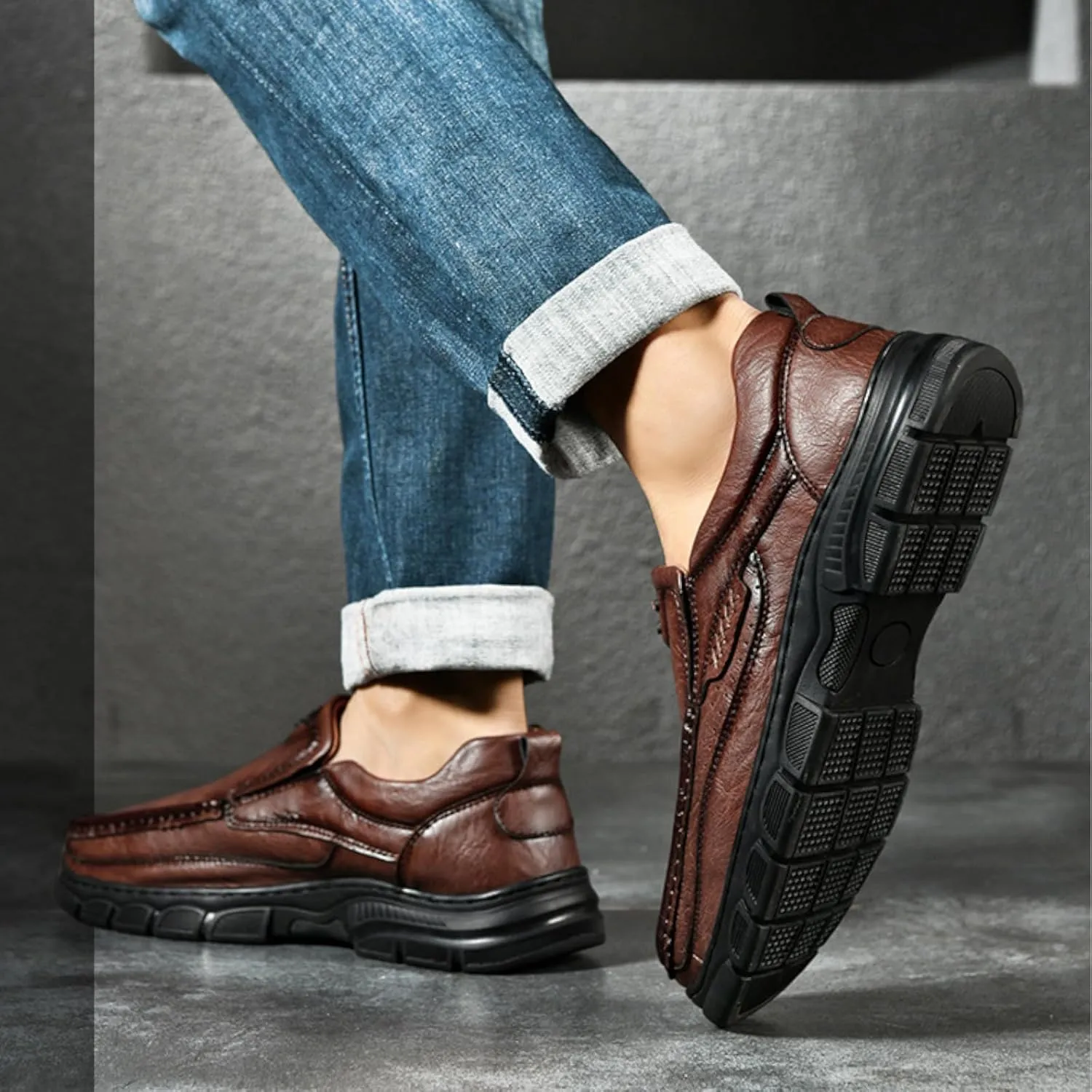 Men's Fashion Cow Leather Slip-On Casual Loafers Retro Soft Thick Sole Comfy Non Slip Breathable Business Oxfords Lightweight Outdoor Work Drving Shoe