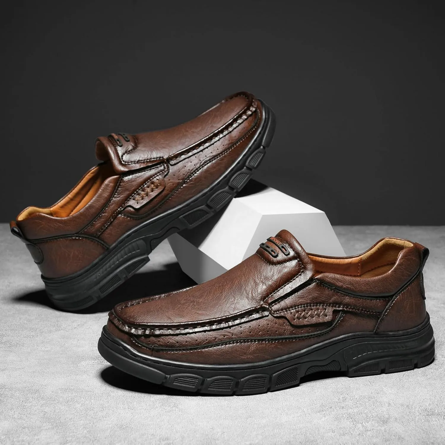 Men's Fashion Cow Leather Slip-On Casual Loafers Retro Soft Thick Sole Comfy Non Slip Breathable Business Oxfords Lightweight Outdoor Work Drving Shoe