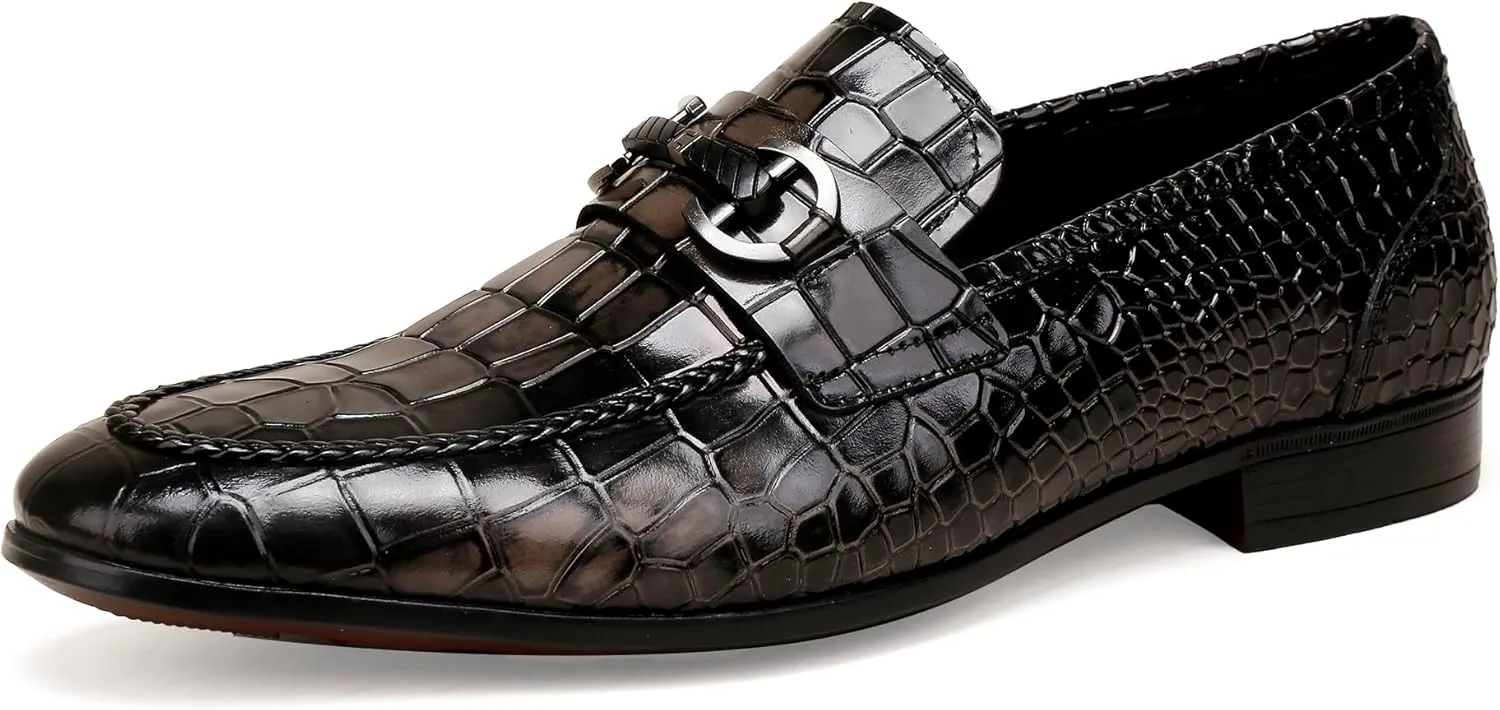 Men's Grey Dress Shoes,Leather Crocodile Pattern Slip-On Loafer Buckle Loafers
