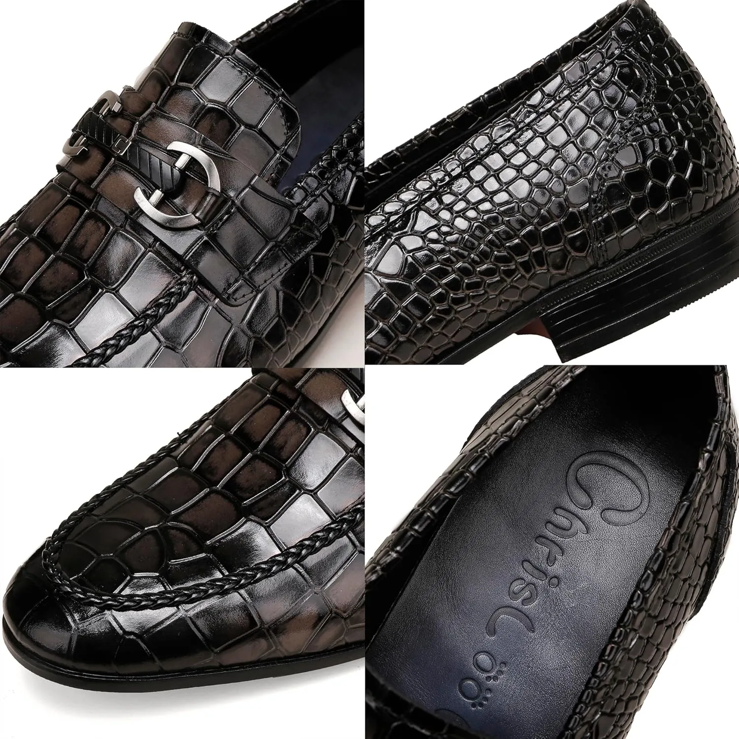 Men's Grey Dress Shoes,Leather Crocodile Pattern Slip-On Loafer Buckle Loafers