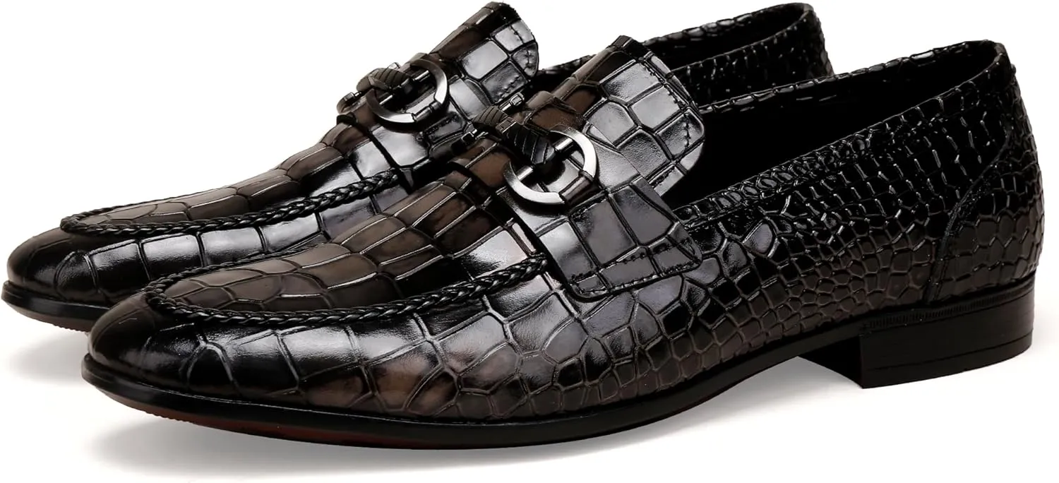 Men's Grey Dress Shoes,Leather Crocodile Pattern Slip-On Loafer Buckle Loafers