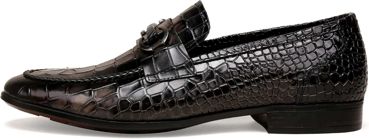 Men's Grey Dress Shoes,Leather Crocodile Pattern Slip-On Loafer Buckle Loafers