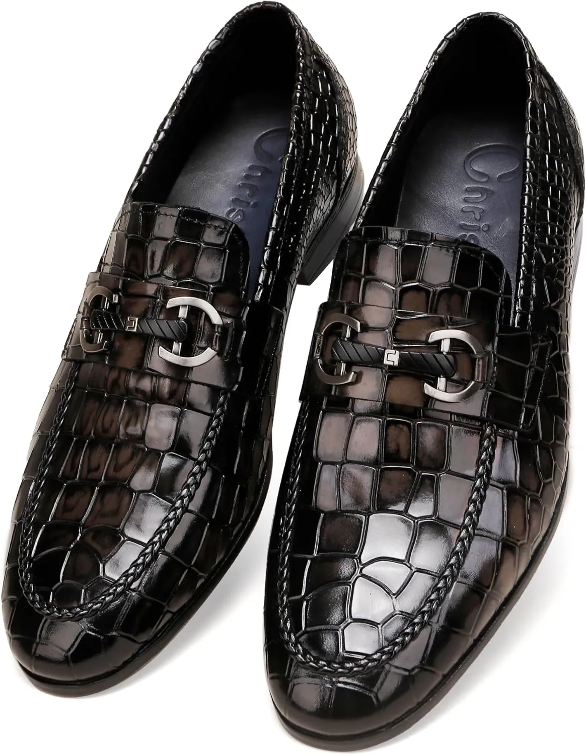 Men's Grey Dress Shoes,Leather Crocodile Pattern Slip-On Loafer Buckle Loafers