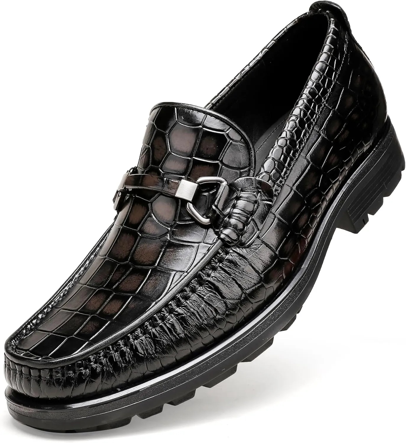 Men's Leather Dress Shoes, Classic Crocodile Printed Dress Shoes Casual Slip-on Penny Loafer for Mens