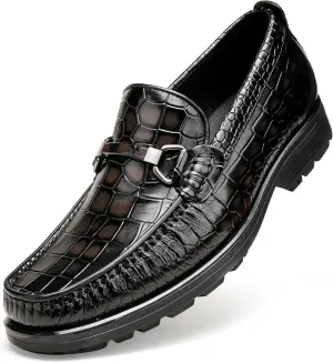 Men's Leather Dress Shoes, Classic Crocodile Printed Dress Shoes Casual Slip-on Penny Loafer for Mens