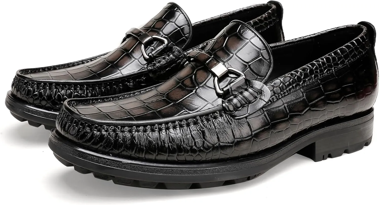 Men's Leather Dress Shoes, Classic Crocodile Printed Dress Shoes Casual Slip-on Penny Loafer for Mens
