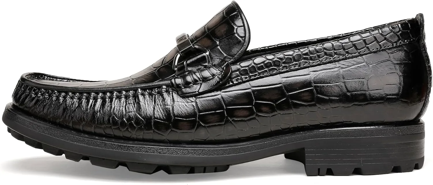 Men's Leather Dress Shoes, Classic Crocodile Printed Dress Shoes Casual Slip-on Penny Loafer for Mens