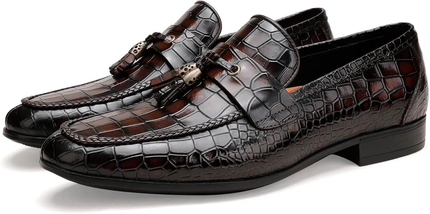 Mens Leather Tassel Loafer, Classic Luxury Smooth Upper Tassel Slip-on Penny Loafer for Mens, Black