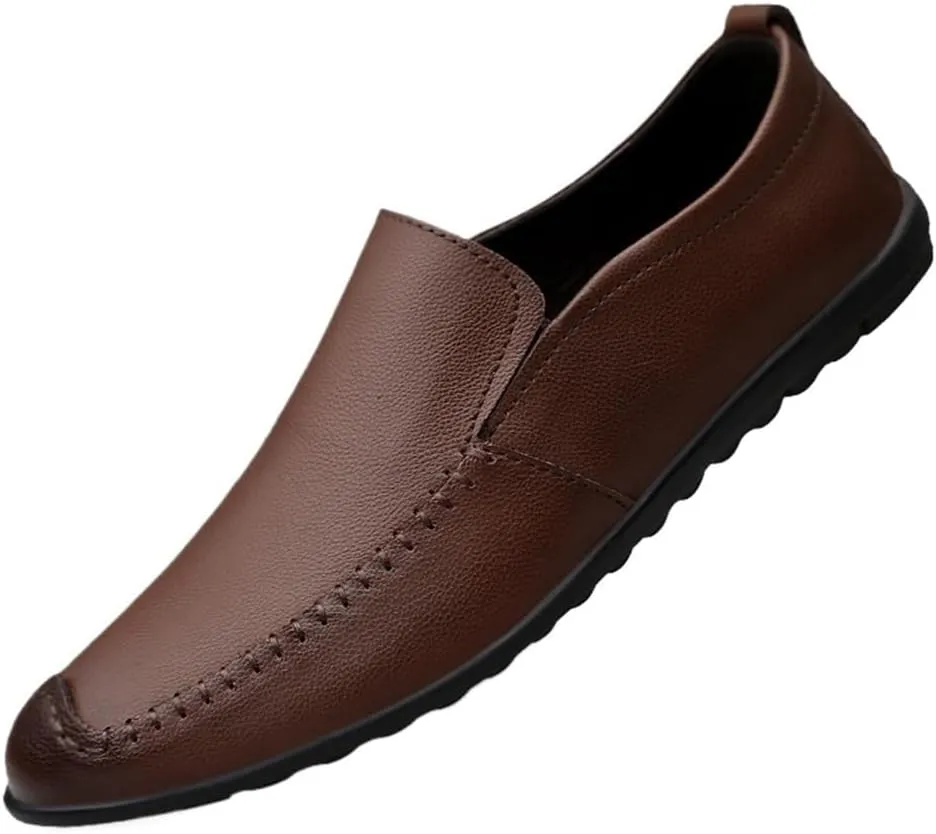 Men's Loafers Genuine Leather Fashion Slip-on Stitching Details Round Toe Slip Resistant Anti-Slip Lightweight