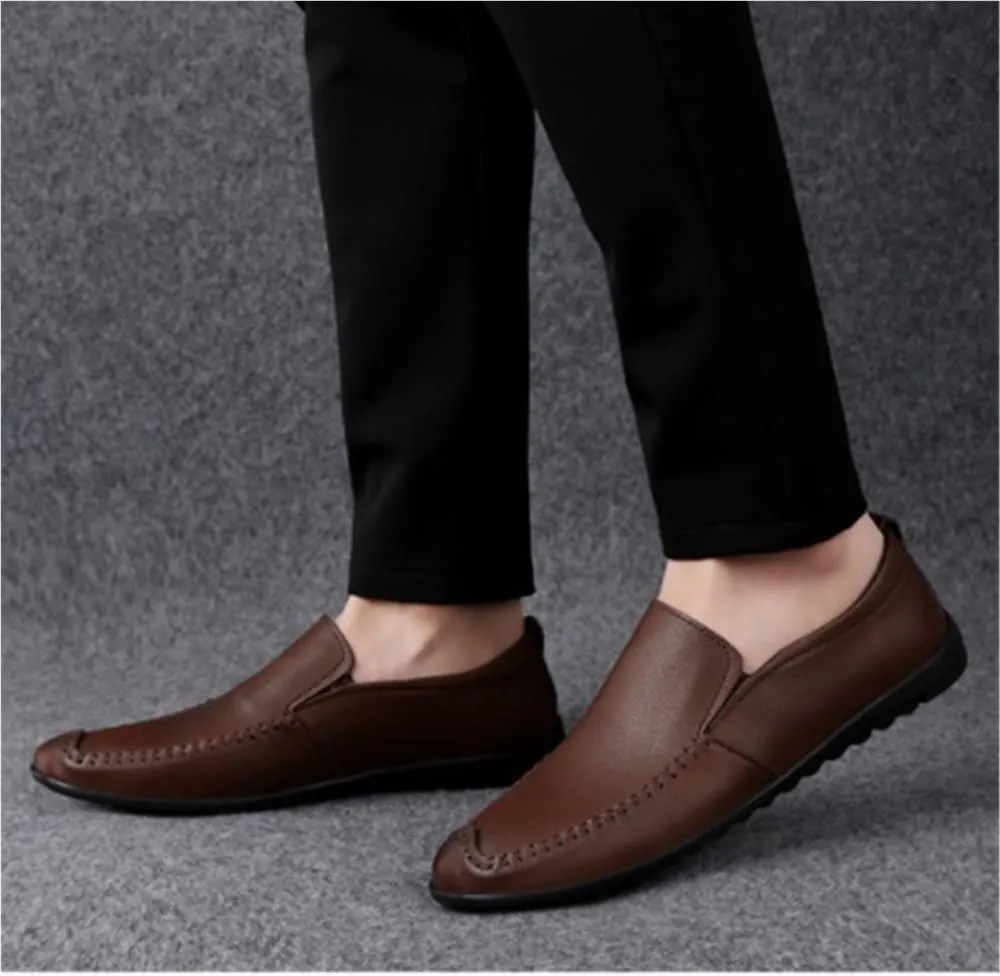 Men's Loafers Genuine Leather Fashion Slip-on Stitching Details Round Toe Slip Resistant Anti-Slip Lightweight