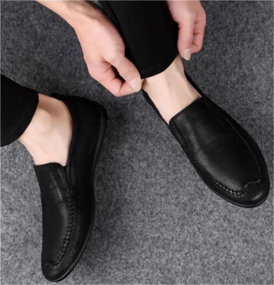 Men's Loafers Genuine Leather Fashion Slip-on Stitching Details Round Toe Slip Resistant Anti-Slip Lightweight