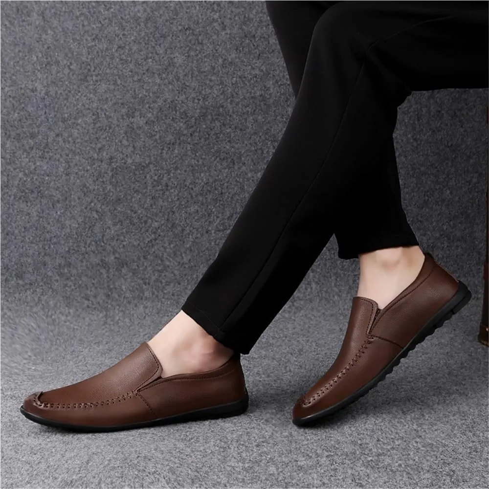 Men's Loafers Genuine Leather Fashion Slip-on Stitching Details Round Toe Slip Resistant Anti-Slip Lightweight