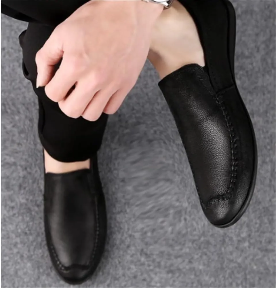 Men's Loafers Genuine Leather Fashion Slip-on Stitching Details Round Toe Slip Resistant Anti-Slip Lightweight