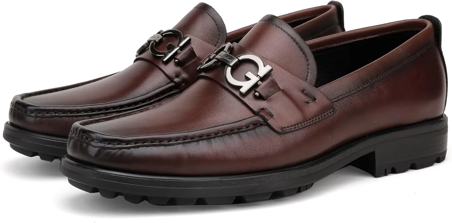 Men's Luxury Coffee Leather Penny Loafers, Classic Fashion Handmade Dress Shoes Casual Slip-on Loafer for Mens