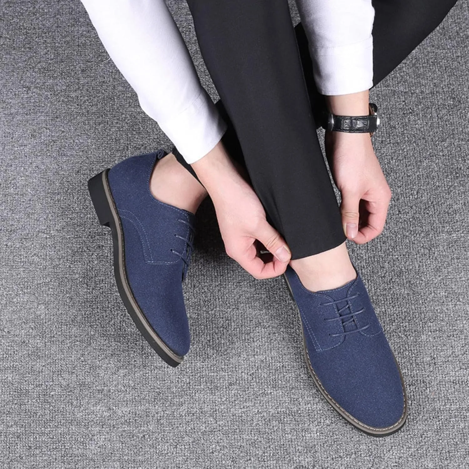 Men's Suede Lace Up Dress Shoes,Classic Hand Stitching Retro Suede Leather Soft Sole Flat Shoes Velvet Low-Top Casual British Business Office Breathable Oxford Shoes