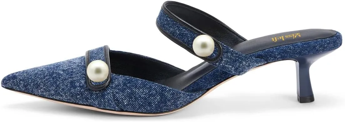 miss left Women Pointed Toe Slip on Pearl Mules Kitten Low Heel Soft Insole Comfortable Summer Leisure Slide Sandals Size 4-16 US