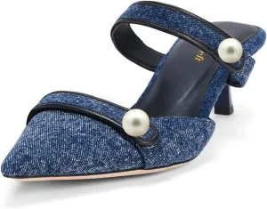 miss left Women Pointed Toe Slip on Pearl Mules Kitten Low Heel Soft Insole Comfortable Summer Leisure Slide Sandals Size 4-16 US