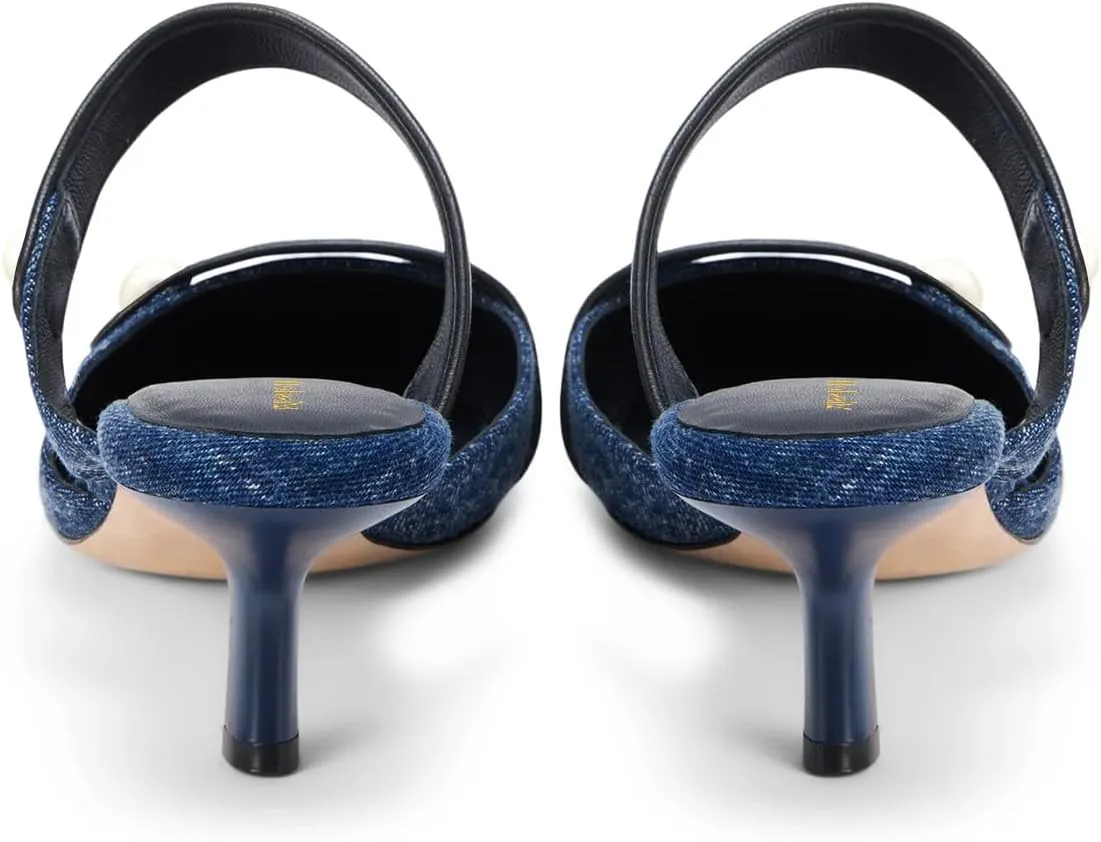 miss left Women Pointed Toe Slip on Pearl Mules Kitten Low Heel Soft Insole Comfortable Summer Leisure Slide Sandals Size 4-16 US