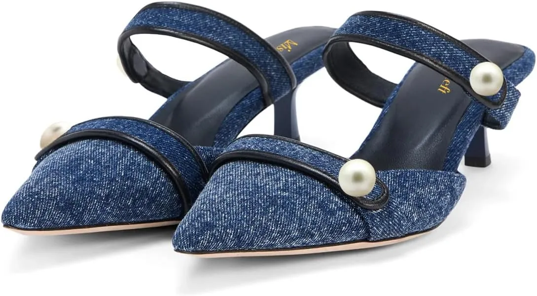 miss left Women Pointed Toe Slip on Pearl Mules Kitten Low Heel Soft Insole Comfortable Summer Leisure Slide Sandals Size 4-16 US