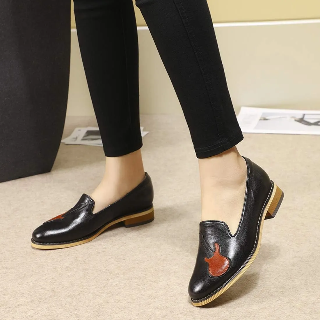 Mona flying Women's Leather Penny Loafers Slip On Flats Office Ladies Casual Shoes