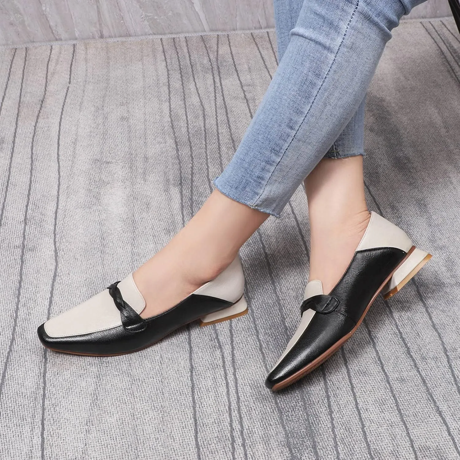 Mona flying Women's Leather Square Toe Penny Loafer Comfort Dress Casual Slip on Flat Office Work Shoes for Ladies