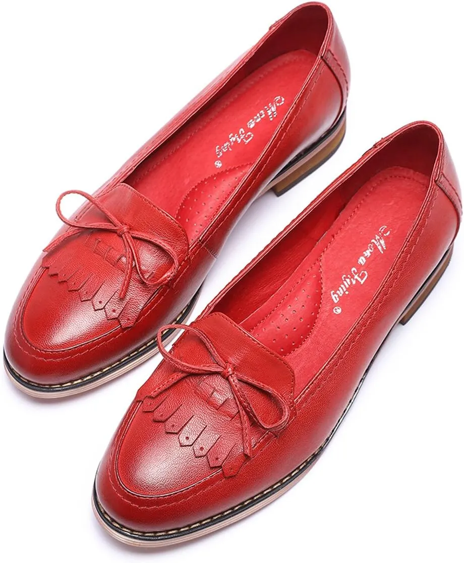 Mona flying Women's Leather Tassel Loafer Dress Casual Slip on Flat Office Work Shoes for Ladies