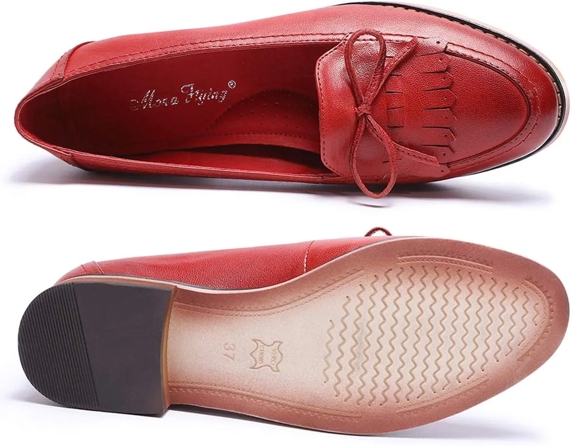 Mona flying Women's Leather Tassel Loafer Dress Casual Slip on Flat Office Work Shoes for Ladies