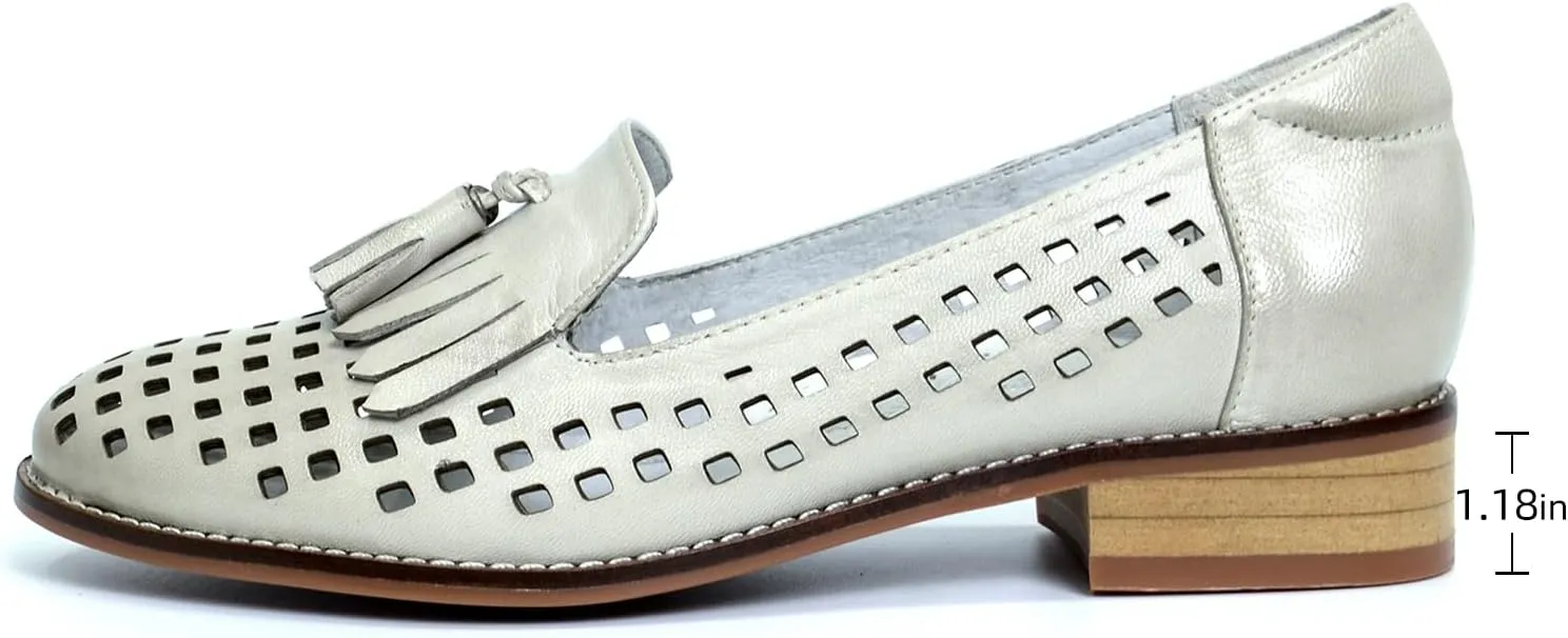 Mona flying Women's Leather Tassel Loafers Slip On Flats Office Ladies Casual Shoes