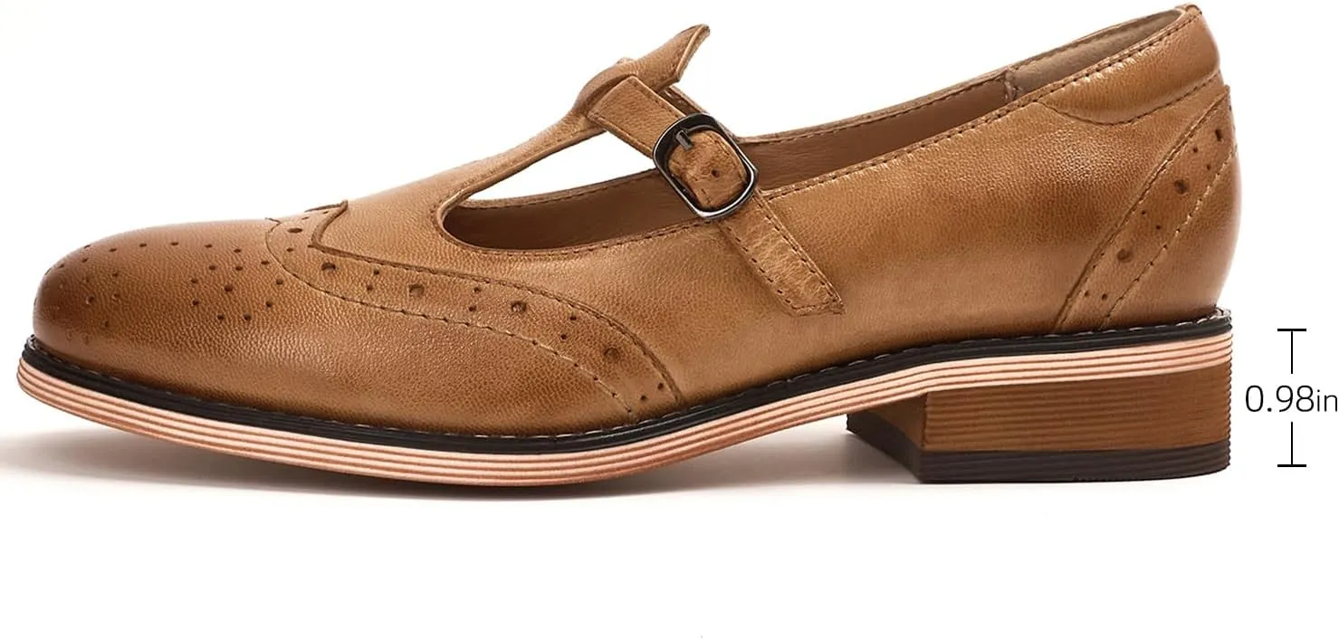 Mona flying Women's Leather Wingtip Oxford Mary Jane Loafer Casual Flat T Strap Shoes for Ladies
