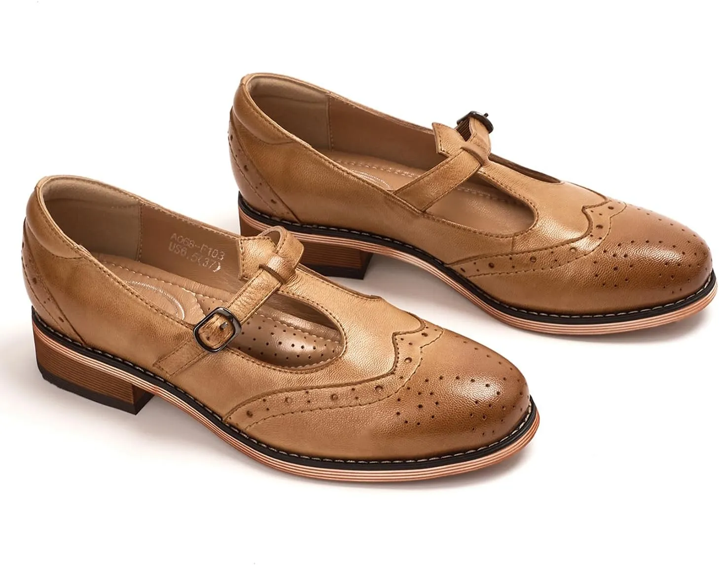 Mona flying Women's Leather Wingtip Oxford Mary Jane Loafer Casual Flat T Strap Shoes for Ladies