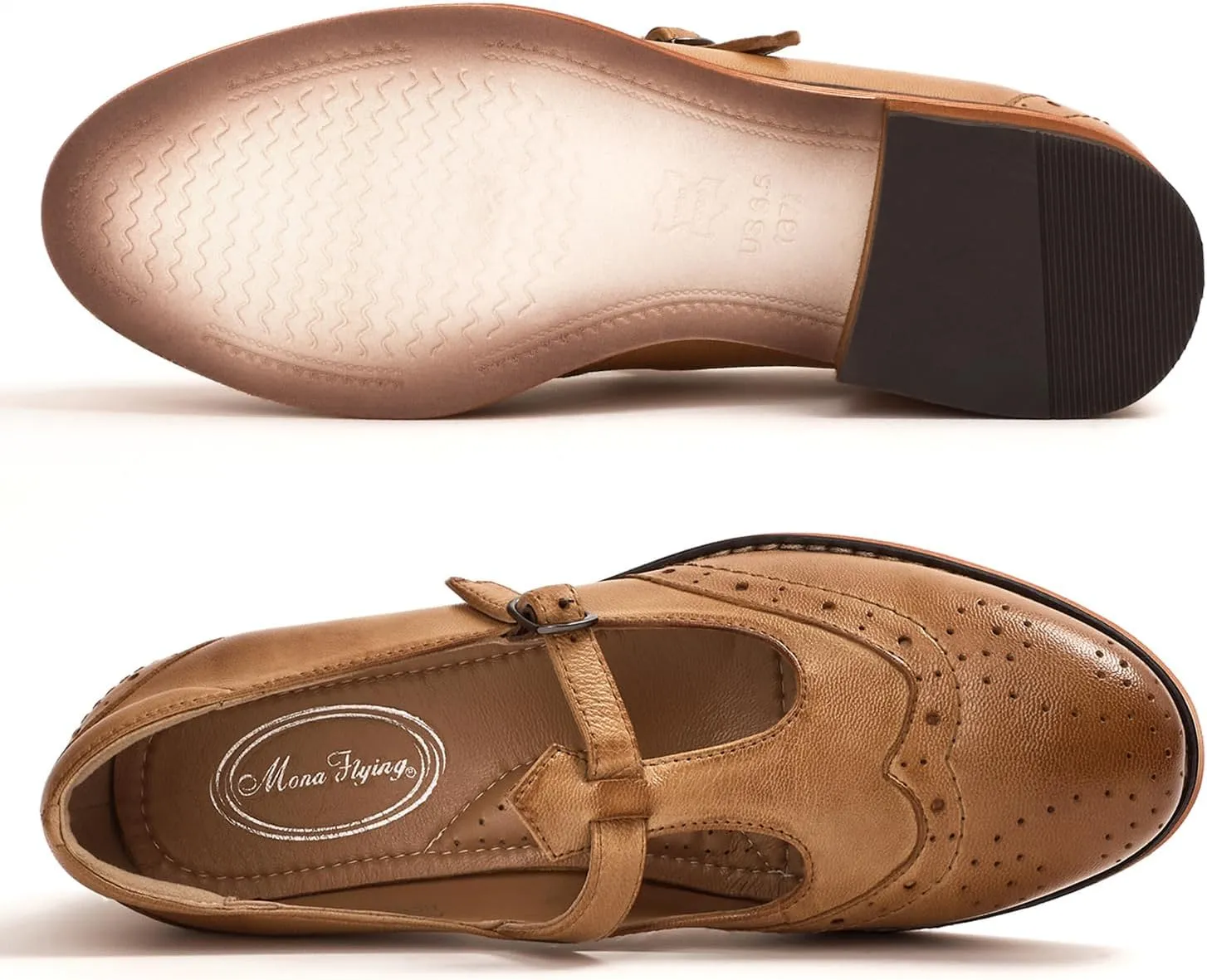 Mona flying Women's Leather Wingtip Oxford Mary Jane Loafer Casual Flat T Strap Shoes for Ladies