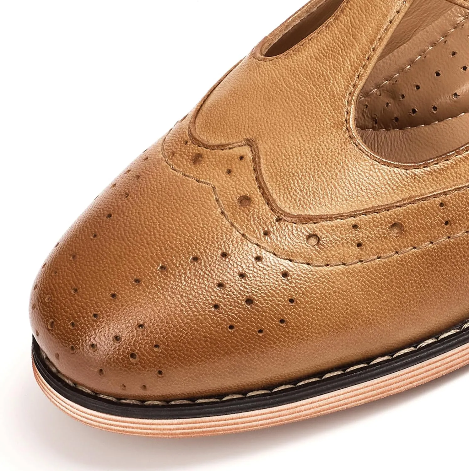 Mona flying Women's Leather Wingtip Oxford Mary Jane Loafer Casual Flat T Strap Shoes for Ladies