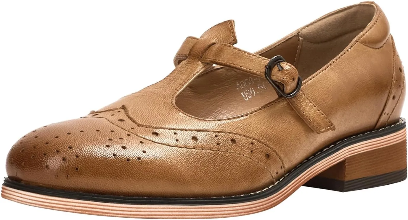 Mona flying Women's Leather Wingtip Oxford Mary Jane Loafer Casual Flat T Strap Shoes for Ladies