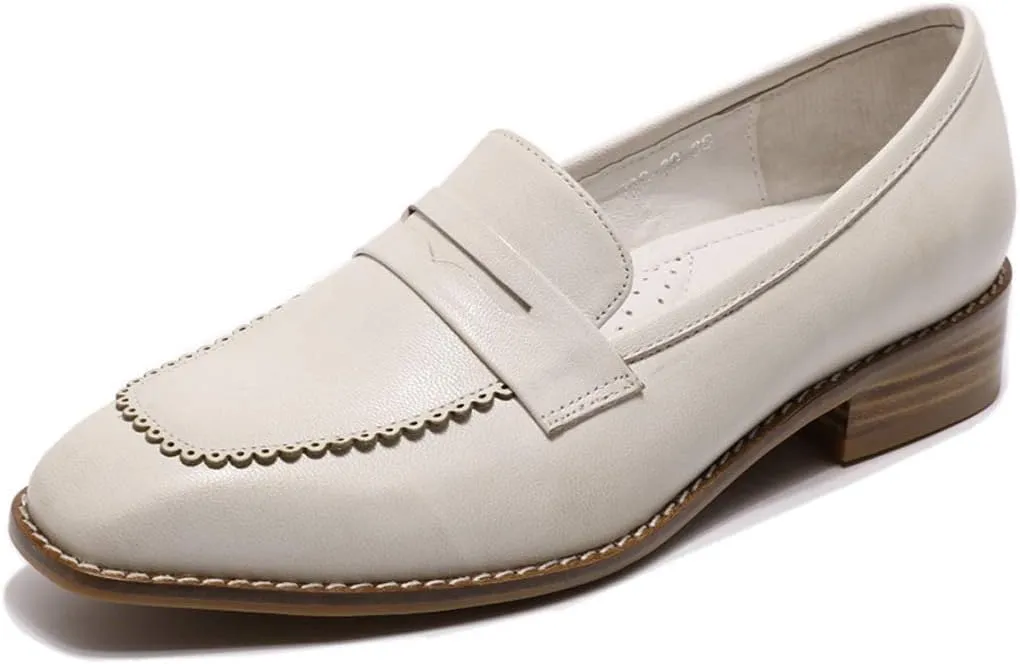 Mona flying Women's Top Leather Square Toe Penny Loafer Dress Casual Slip on Flat Office Work Shoes for Ladies