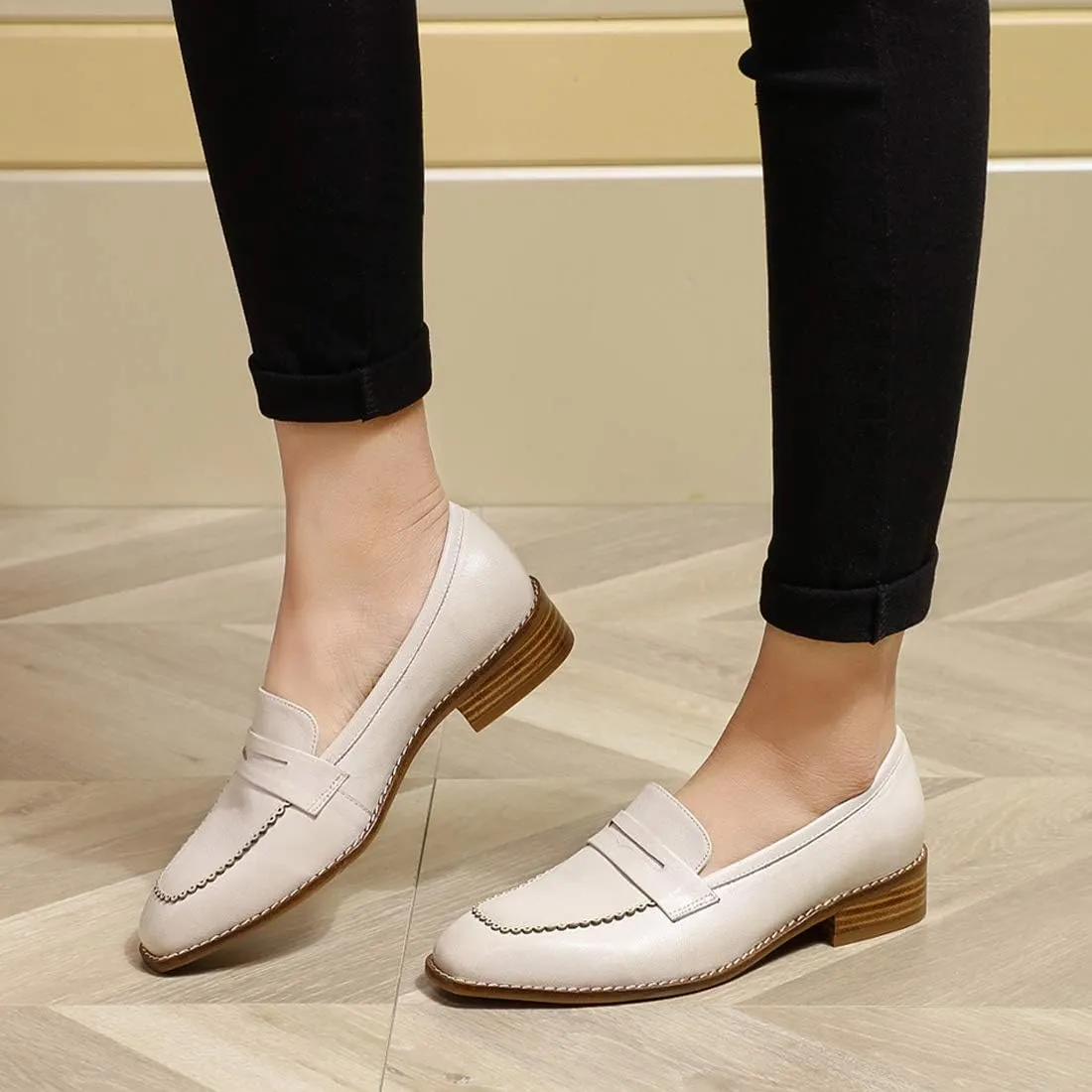 Mona flying Women's Top Leather Square Toe Penny Loafer Dress Casual Slip on Flat Office Work Shoes for Ladies