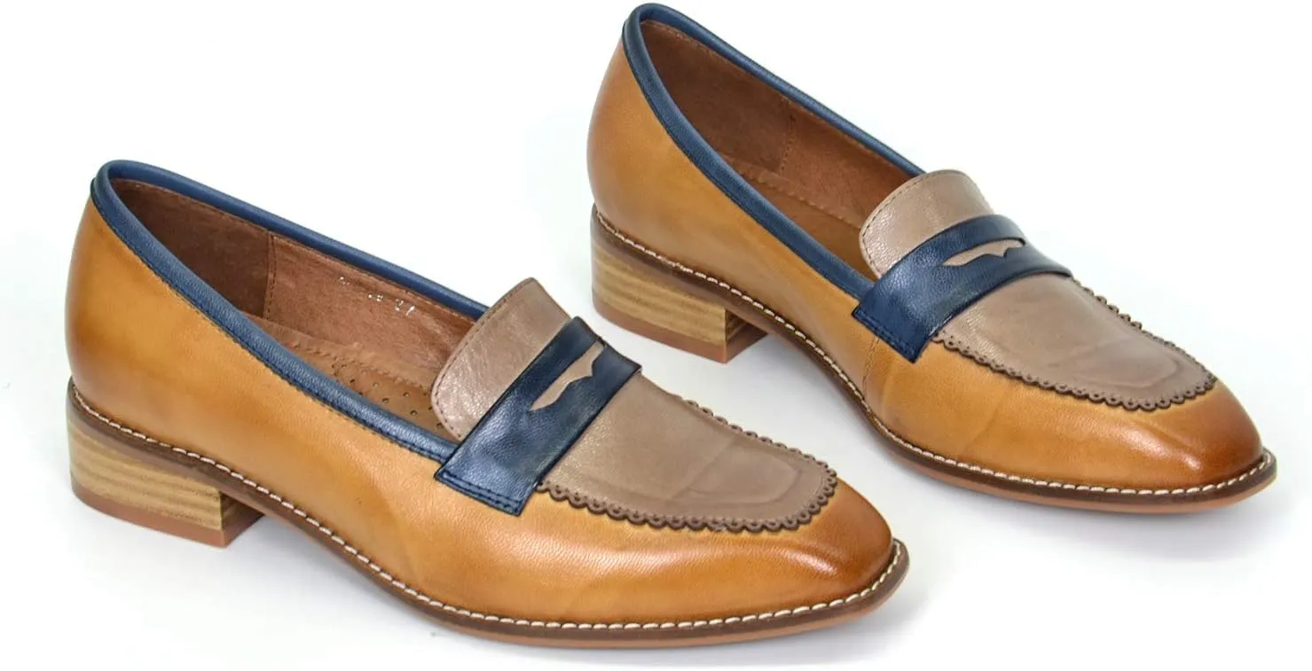 Mona flying Women's Top Leather Square Toe Penny Loafer Dress Casual Slip on Flat Office Work Shoes for Ladies