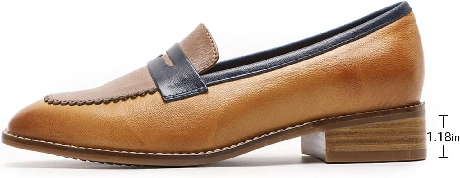 Mona flying Women's Top Leather Square Toe Penny Loafer Dress Casual Slip on Flat Office Work Shoes for Ladies